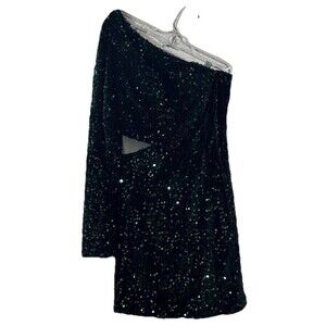 Vintage Womens Evening Sequin One Shoulder mini Dress Sz O Emerald Green Cutout